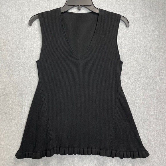 Adeam Ruffle Hem Sweater Womens Small Black Sleeveless V-Neck Cotton Knit - Picture 1 of 11